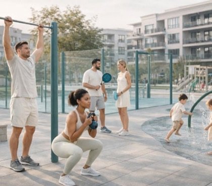 A family training at the outdoor fitness area