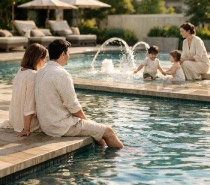 A family beside the swimming pool