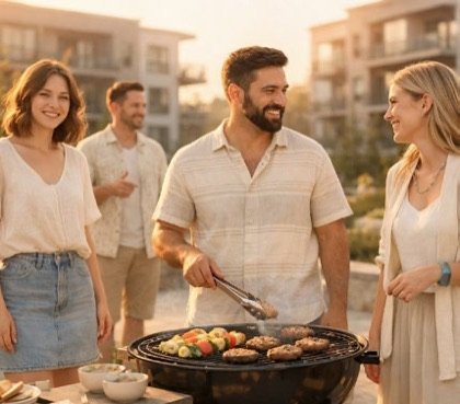 Residents around a barbecue at sunset