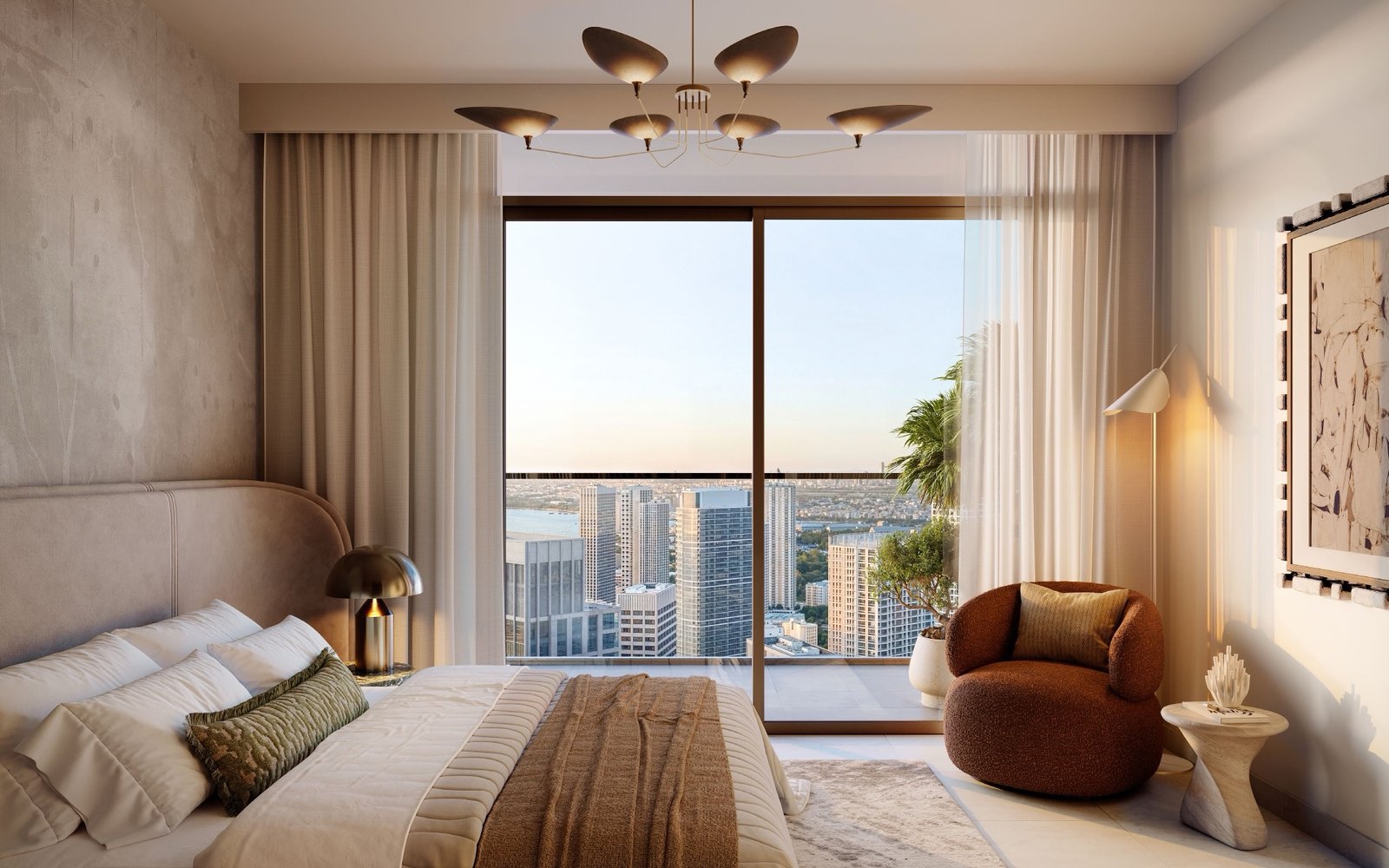 The bedroom at sunset, a balcony opening onto the skyline