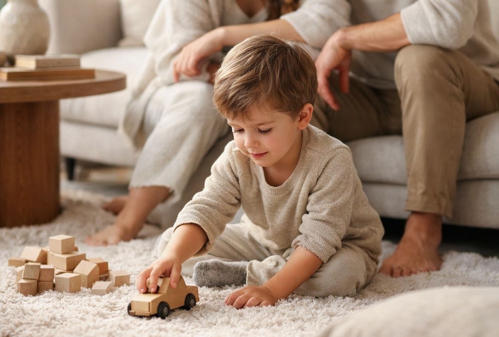 A child playing with wooden blocks on the rug, parents behind