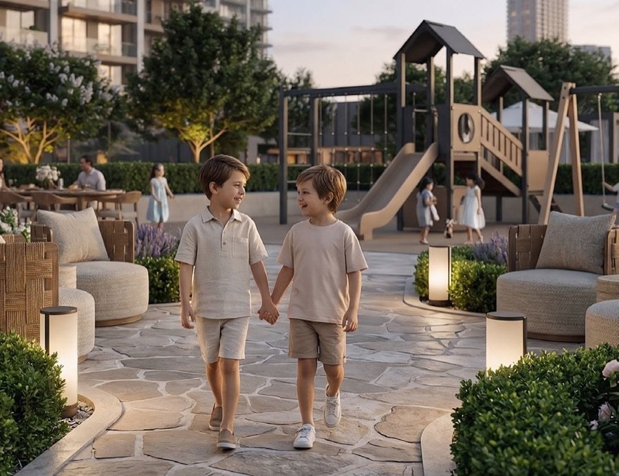 Two children walking through the landscaped podium
