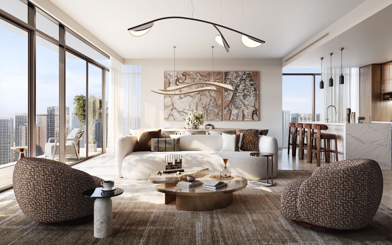 The living room, curved sofa and kitchen island against floor-to-ceiling glass