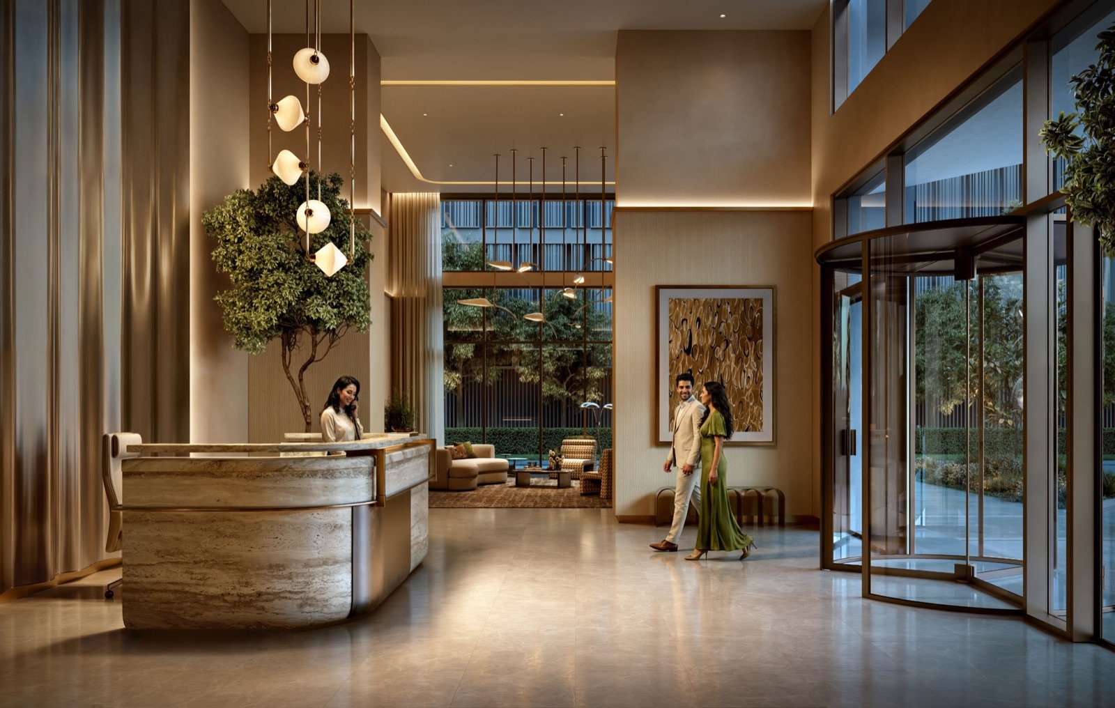 The double-height lobby, travertine desk and revolving door