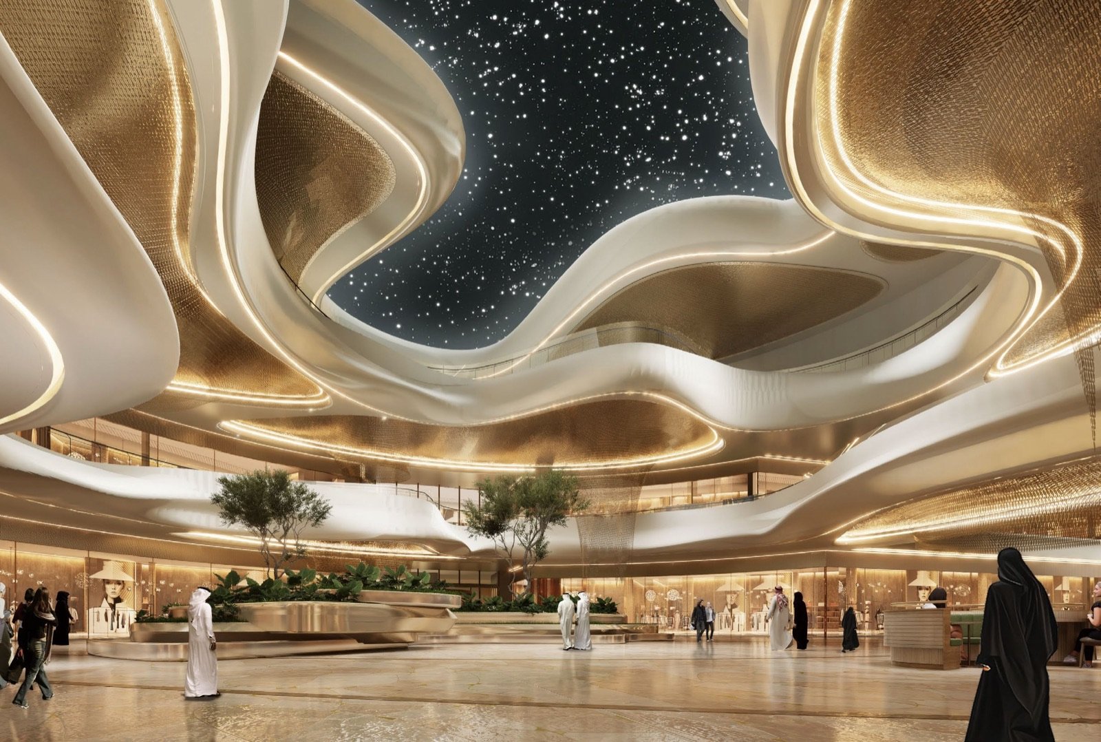 Inside Dubai Square Mall, a sculpted gold ceiling opening to a star field