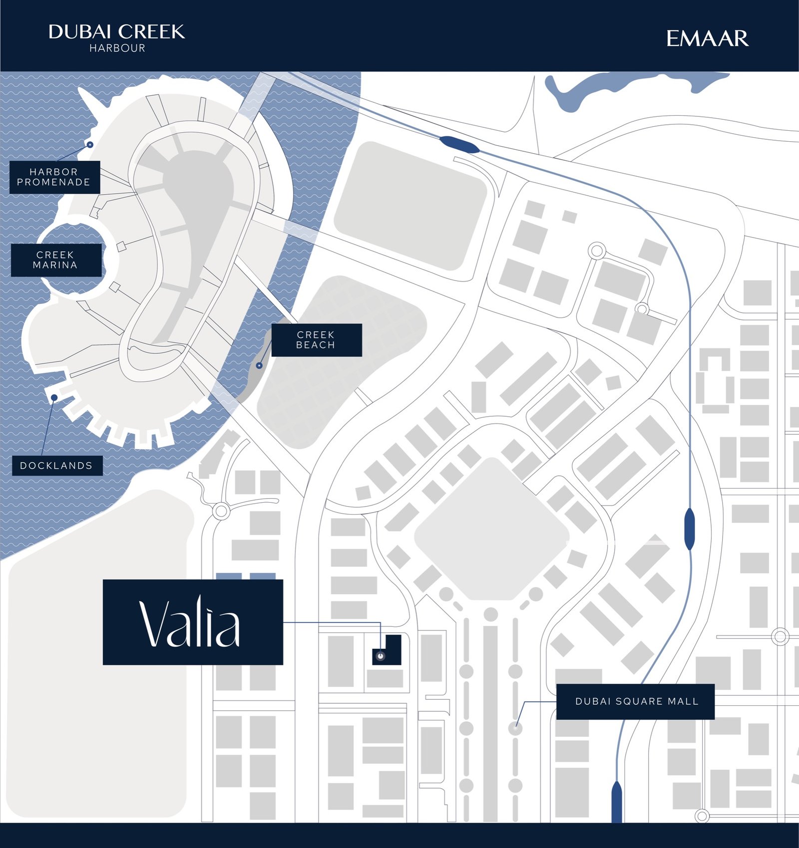 Map of Dubai Creek Harbour showing Valia beside Dubai Square Mall
