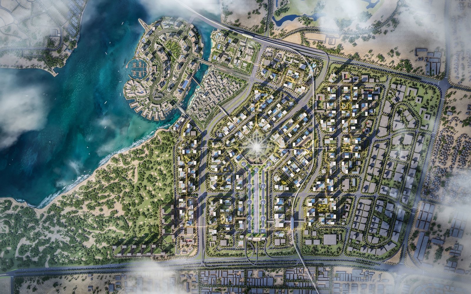 Dubai Creek Harbour seen from the air, the island and the marina