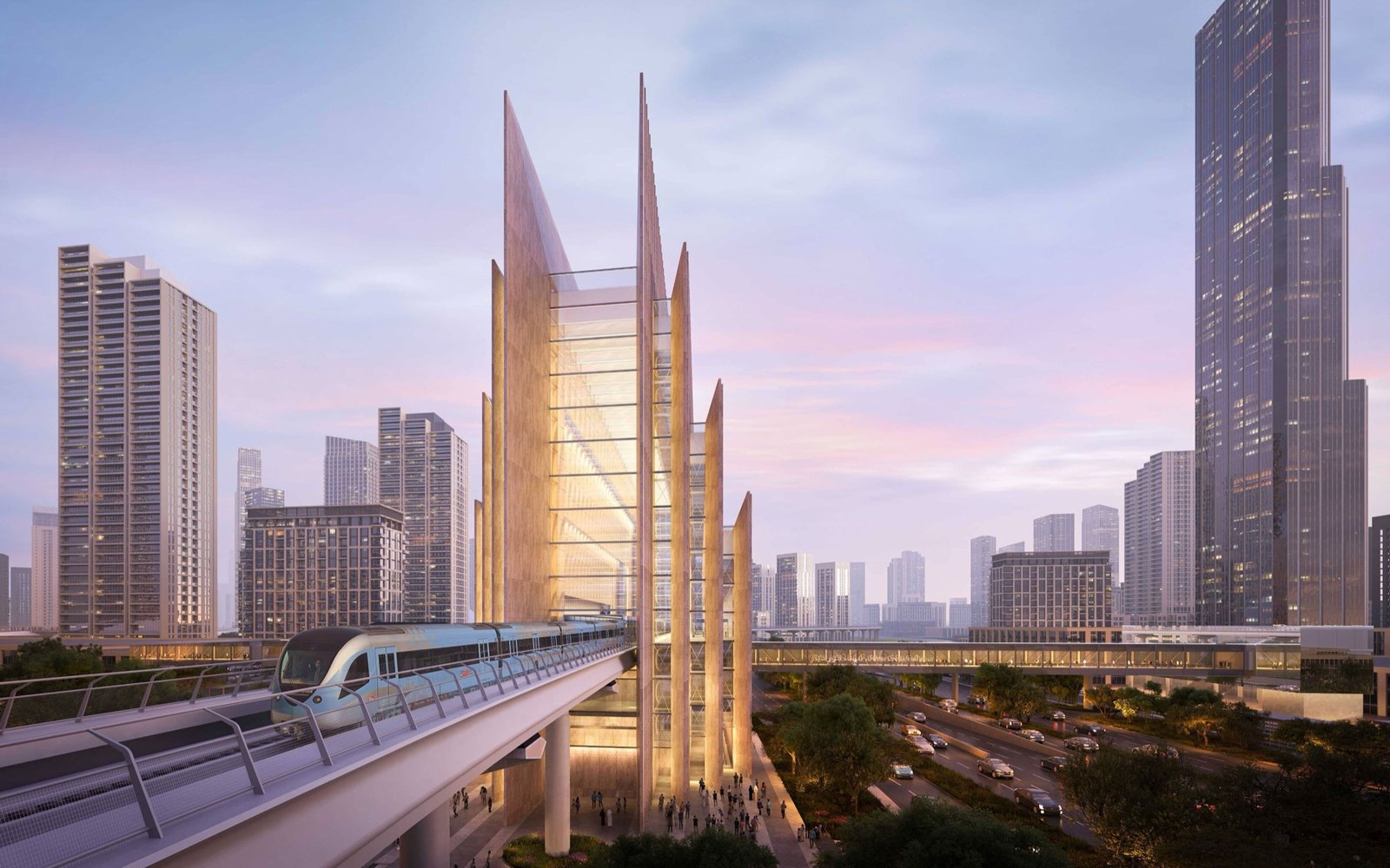 The Blue Line metro station at dusk, a train arriving on the viaduct