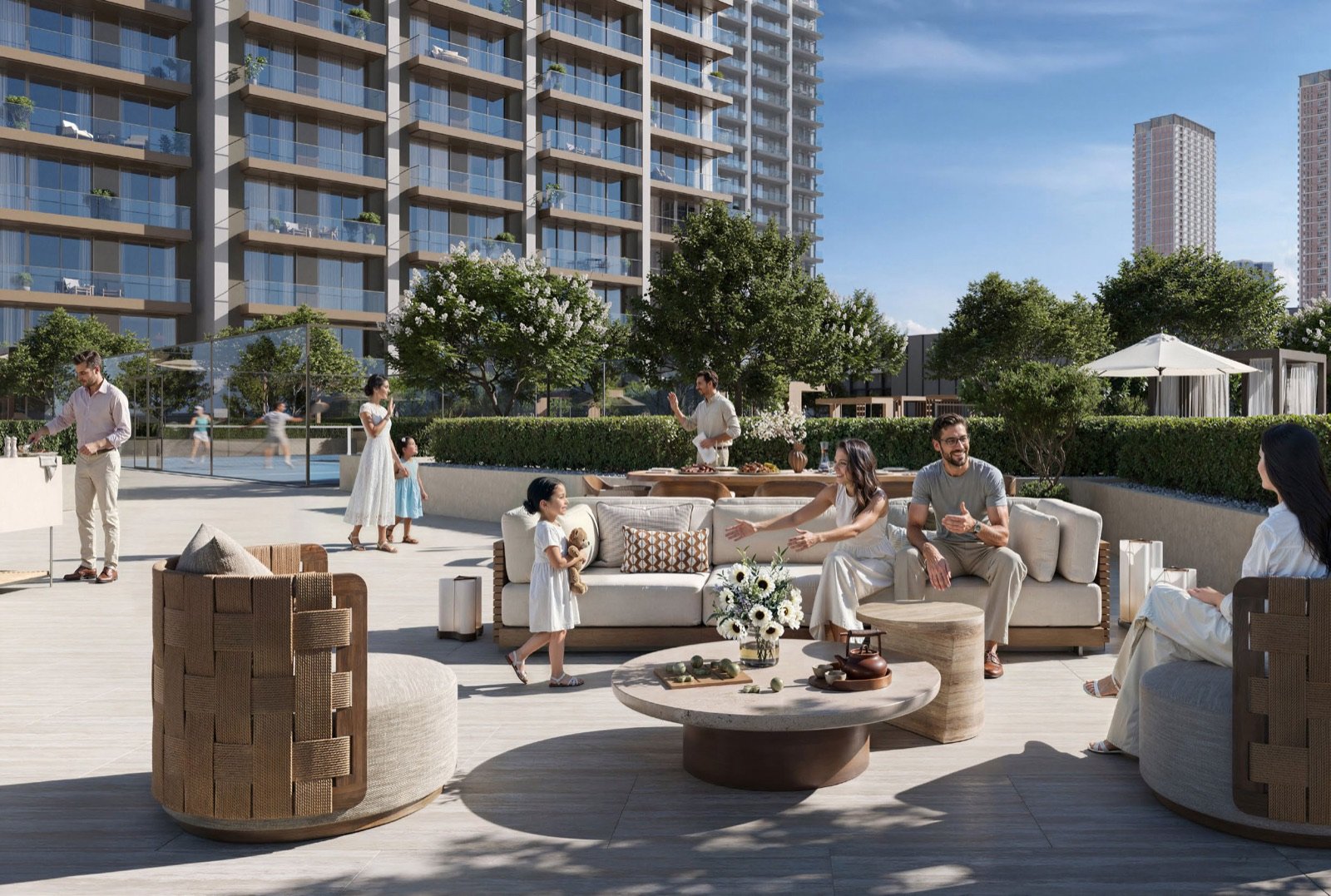 The podium terrace, families gathered around low seating